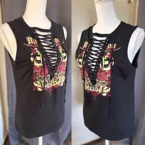 Guess Los Angeles Black Lace Up Graphic Tank Top Roses Rock Style‎ Size Medium thumbnail 2
