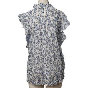 Beachlunchlounge‎ White Blue Floral Ruffle Neck Cotton Sleeveless Blouse Small thumbnail 3