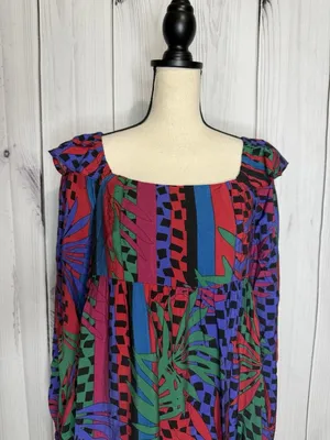 Oddi Zoe Floral Tropical Leaves Dress Size L Smocked Back Long Sleeve NWT thumbnail 2