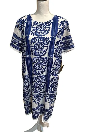 Lulus Fond of You Dress Blue White Embroidered Shift Lined Mini sz Large‎ NWT thumbnail 1