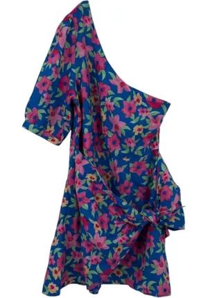 Lulus Gorgeous Garden Floral One-Shoulder Faux-Wrap Mini Dress Large Blue Pink thumbnail 1