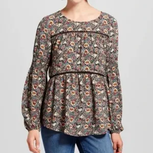 KNOX ROSE Smocked Floral Tie Back Top Black Etc Boho Long Sleeve Peasant Blouse thumbnail 4