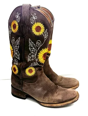 Robert Jr. Brown & Yellow Sunflower Cowgirl Cowboy Boots Size 10 thumbnail 1