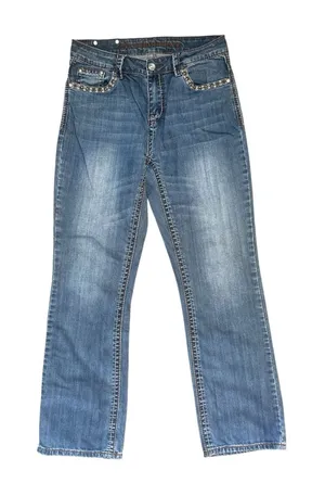 Women's Y2K Rhinestone Embellished Pocket Denim Blue Jeans Boot Cut Stretch Size thumbnail 1