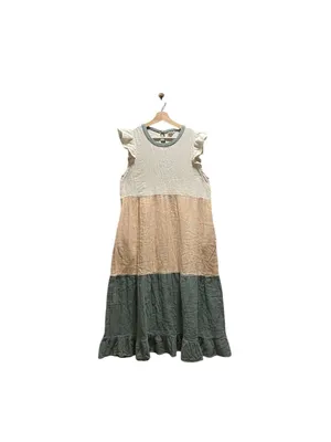 West & Wild Flutter Sleeve Color Block Maxi Dress Gauzy Cotton Green Size L Boho thumbnail 2