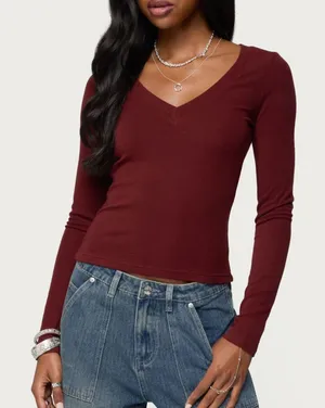 Edikted Burgundy Larna V Neck Long Sleeve thumbnail 1