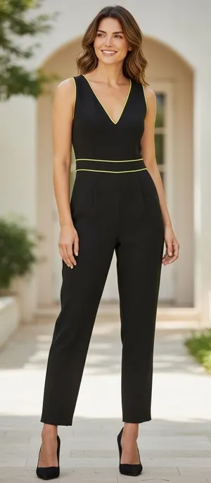 Alice + Olivia Black Neon Yellow‎ Piping V-Neck Sleeveless Jumpsuit Size 4 thumbnail 1
