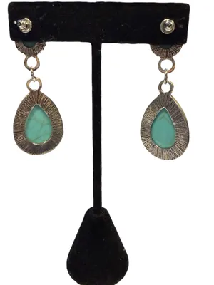 Turquoise Teardrop Dangle Earrings Boho Western Textured Silver Border Stud Blue thumbnail 6