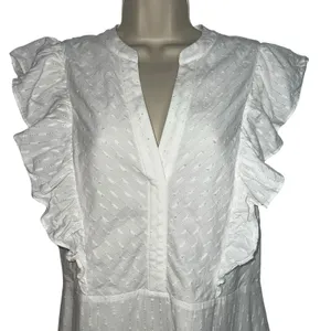 BCBGMAXAZRIA Women's Ruffle Short Sleeve Maxi Dress V Neck‎ White Large Cotton thumbnail 4