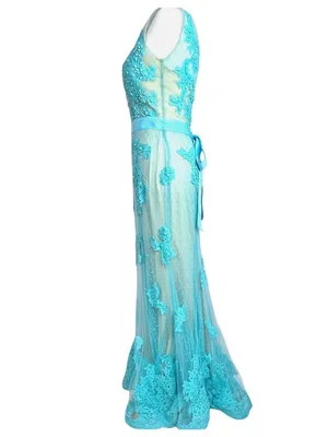 Turquoise Illusion Mermaid Gown Sheer Mesh Floral Lace Appliqués 6 Prom Wedding thumbnail 9