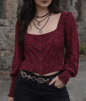 Anthropologie Womens Puff Sleeve Blouse Top L Burgundy Red Romantic Goth Vamp thumbnail 1
