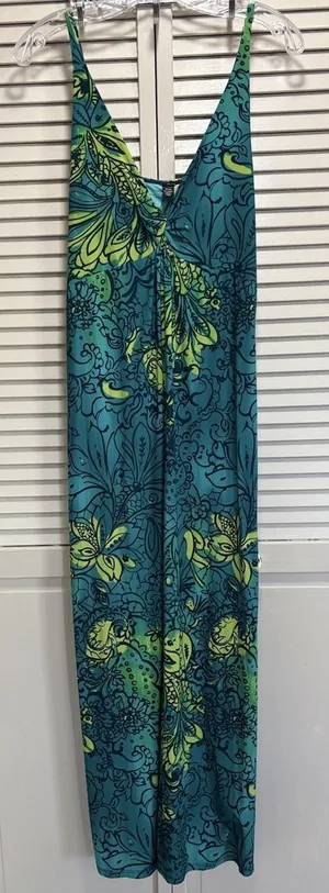 Ambrielle Floral V Neck Adj Straps Maxi Dress Size XL Green/Yellow Colorful EUC thumbnail 1