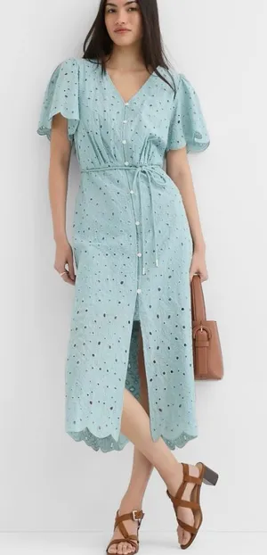 Loft blue eyelet cap sleeve dress tie waist size small petite thumbnail 1