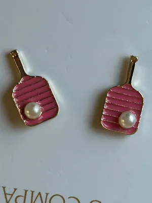 NWT Two's Company Pickleball Earrings Pink with Pearl Gift Accessory Pickleball thumbnail 9