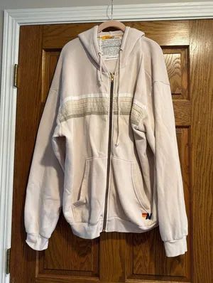 Aviator Nation Unisex 5 Stripe Relaxed Zip Hoodie Vintage White XL thumbnail 1