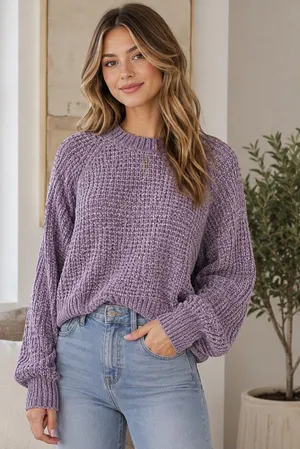 Altar'd State Colette Chenille Crewneck Sweater Light Purple Mauve XS Soft Girl thumbnail 1