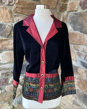 Coldwater Creek Small Jacket Velvet Button Front Black Wine Tapestry Holiday thumbnail 2
