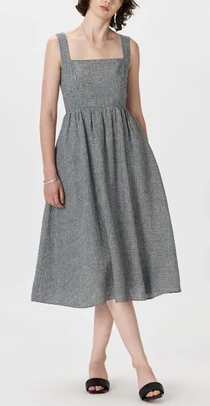 Quince Gingham 100% European Linen Fit & Flare Midi Dress Large thumbnail 1