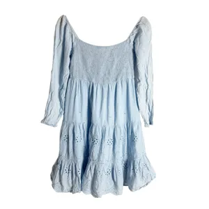 Area Stars Eyelet Trim Light Blue Long Sleeve Square Neck Dress Size Medium thumbnail 5
