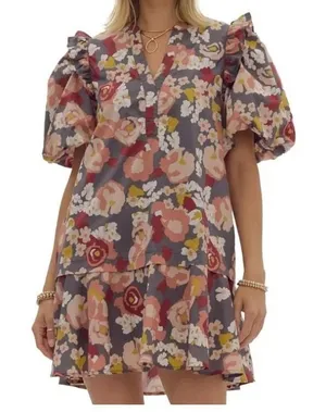 Entro Floral Mini Dress Sz M Puff Sleeve Babydoll Whimsical Boho Cottagecore thumbnail 1