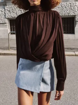 Zara NWT draped High-Neck Long-Sleeve mesh Blouse top Brown thumbnail 3