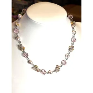 Source Unknown vintage Pink & White Pearl & Crystal Beaded Necklace thumbnail 2