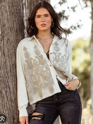 Gimmicks from Buckle Cream and Tan Embroidered Button-Up Shirt thumbnail 1