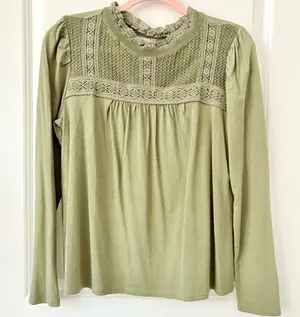 LOFT Olive Green Ruffle Lace Neck Top NWT Small thumbnail 1