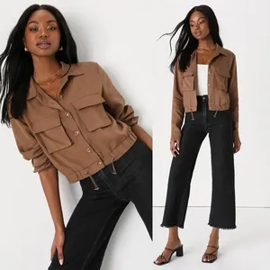 L Lulus Eldora Brown Cropped Utility Jacket Full Zip Top Safari Women's thumbnail 2