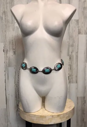 Western Southwestern Turquoise Concho Chain Belt Silver Metal Boho Festival Wome thumbnail 1