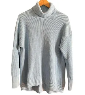 J. Crew | Light Blue Cotton Cashmere Chunky Knit Relaxed Turtleneck | Medium thumbnail 1