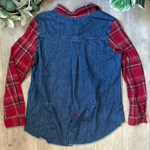Free People Runaway Plaid & Denim Mixed Media High Low Button Down Shirt M thumbnail 8