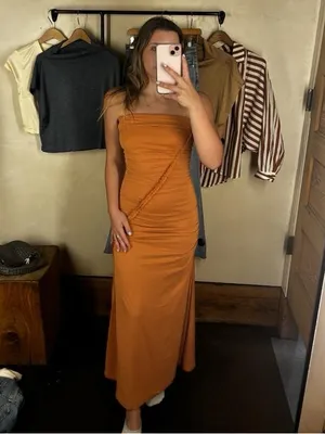 Anthropologie • The Gabbie Strapless Ruched Tube Dress jersey knit Mango orange thumbnail 15