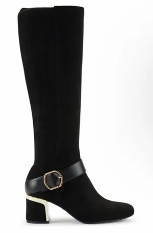 DKNY Caira Black Gold Vegan Suede Knee High Boot Buckle‎ Chunky Heel Size 6 New thumbnail 1