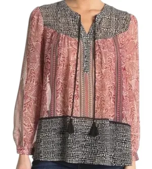DR2 Women's Tunic Top Size Medium‎ Pink Black Paisley Boho Tassel V-Neck thumbnail 1