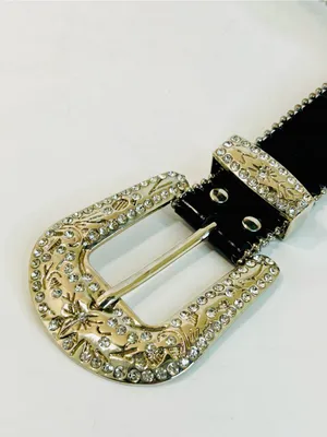 Western Black Leather Belt with Crystal Studded Rhinestones, Engraved Buckke thumbnail 6