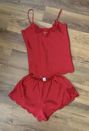 Retro Mystique Red Satin Heart Sheer Pajama Set Y2K Small Camisole Shorts‎ thumbnail 1