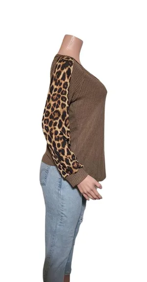 Women's V-neck knit long sleeve leopard sleeve raglan waffle pullover top S, M, L,XL thumbnail 4