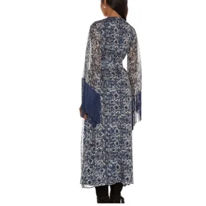 House of Harlow 1960 Blue Print Reska Fringe Sleeve Maxi Dress Sz L thumbnail 11