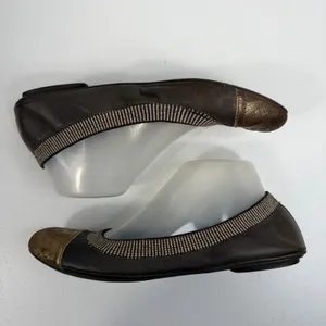 Tory Burch Sz 8.5 Gabby Ballet Flats Gun Metal Leather Gold‎ Cap Toe Logo Shoes thumbnail 4