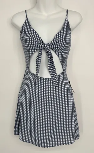 Flynn‎ Skye Mini Dress XS Blue Gingham Tie Front Cut Out Summer Picnic Coastal thumbnail 1