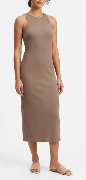 Athleta Midi Shift Dress Women Large Brown Ribbed Round Neck Sleeveless Pullover thumbnail 1