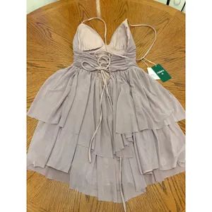 Halara Ruffle Mesh Mini Dress Womens L Lavender Corset Back Tiered V-Neck NWT thumbnail 6