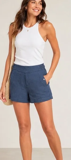 Athleta Cabo Linen Shorts Navy Blue 586829-02 Womens Size 8 Elastic‎ Side Buckle thumbnail 1