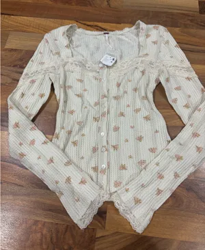 Free People Lets Party Cardi Floral lace trim cotton Waffle Knit Square Neck Long Sleeve Button Front Top thumbnail 3