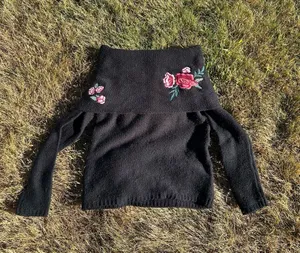 Cloud Chaser Black Off the Shoulder Sweater With Floral Details thumbnail 1