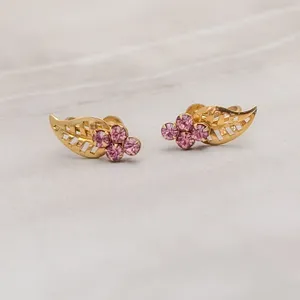 Vintage Screw On Earrings Gold Tone Leaf with Pink Gems Fall Autumn Whimsical thumbnail 4