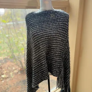 Knit poncho shawl boxy blanket pullover fringe in Black pullover work to night thumbnail 2