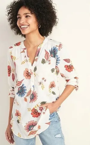 Old Navy Popover Tunic Women Medium White Floral Lightweight Blouse Boho Preppy thumbnail 1