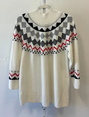 Vince Camuto Fair Isle Mock Neck Sweater Ivory Black Red Geometric Yoke 2X thumbnail 1